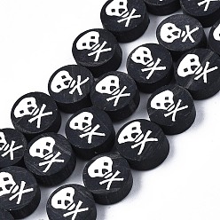 Black Handmade Polymer Clay Bead Strands, Halloween Style, Flat Round with Skull, Black, 9x4mm, Hole: 1.2mm, about 40pcs/strand, 14.96 inch(38cm)