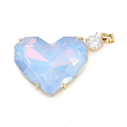 Светло-Синий Латунные микро проложить кубического циркония подвески, со стеклом, сердце прелести, стойки покрытие, без кадмия и без свинца, долговечный, реальный 18 k позолоченный, голубой, 24.5x37x11.5 мм, отверстие : 4.5x3.5 мм