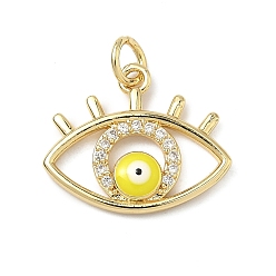 Желтый Латунные микро проложить кубического циркония подвески, с эмалью, Злые чары глаз, долговечный, стойки покрытие, без свинца и без кадмия, реальный 18 k позолоченный, желтые, 15x18x3 мм, отверстие : 3 мм