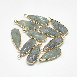 Labradorite Natural Labradorite Pendants, with Golden Tone Brass Findings, Faceted, teardrop, 30~32x11.5~12.5x6mm, Hole: 2mm