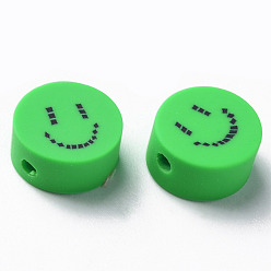 Весенне-зеленый Бусины из полимерной глины , для поделок ювелирных изделий, плоские круглые с улыбающееся лицо, весенний зеленый, 9x4~5 мм, отверстие : 1.6 мм