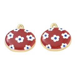 Dark Red Printed Brass Pendants, Oval with Flower Charms, Rack Plating, Long-Lasting Plated, Lead Free & Cadmium Free, Real 18K Gold Plated, Dark Red, 19x19.5x3.5mm, Hole: 2mm