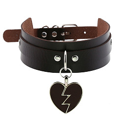 Deep brown Rocking Heart Pendant Collar with Double-layer Leather Chain and Lock Clavicle Necklace