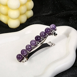 Amethyst Metal French Hair Barrettes, with Round Natural Amethyst Bead, Hair Accessories for Women Girl, 80x10x18mm