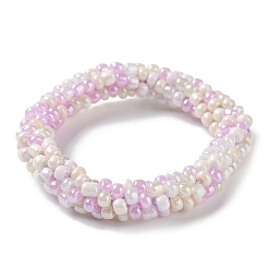 Lavender Blush Crochet Glass Beads Braided Stretch Bracelet, Nepel Boho Style Bracelet, Lavender Blush, Inner Diameter: 1-3/4 inch(4.5cm)