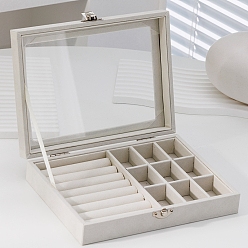 Ghost White Rectangle Velvet Jewelry Organizer Boxes, Clear Visible Window Case for Rings, Earrings, Necklaces, Ghost White, 20x15x5cm