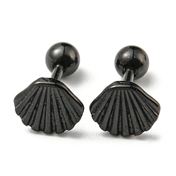 Black Ion Plating(IP) 304 Stainless Steel Stud Earrings, Shell Shape, Black, 6.5x8mm