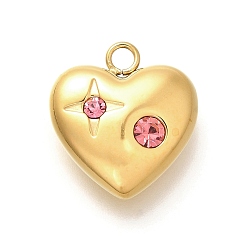 Роза 304 из нержавеющей стали горный хрусталь подвески, ионное покрытие (ip), реальный 14 k позолоченный, сердце, роза, 18.5x16.5x6.5 мм, отверстие : 2.5 мм