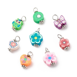 Mixed Color Handmade Polymer Clay Pendants, with 304 Stainless Steel Findings, Flower & Heart & Butterfly & Heart, Mixed Color, 16~18x8.5~11.5x4.5mm, Hole: 2.5~4mm