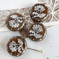 Coconut Brown Czech Glass Beads, Flat Round with Flower of Life, Coconut Brown, 18mm