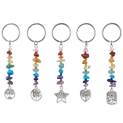 Mixed Shapes Tree of Life Tibetan Style Alloy Pendant Keychains, with Natural Gemstone Chip Beads and Iron Split Key Rings, Mixed Shapes, 10.1~10.5cm