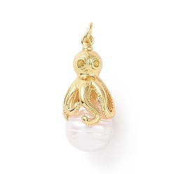 Real 18K Gold Plated Shell Pearl Pendants, with Brass Pave Clear Cubic Zirconia Findings, Cadmium Free & Lead Free, Long-Lasting Plated, Oval with Octopus Charm, Real 18K Gold Plated, 22~32x11x13mm, Hole: 3mm