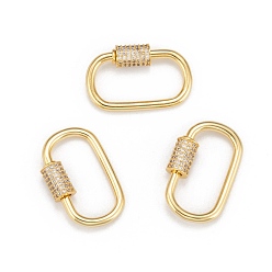 Golden Brass Micro Pave Cubic Zirconia Screw Carabiner Lock Charms, for Necklaces Making, Oval, Clear, Golden, 26.5x17~17.5mm