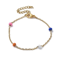 Colorful Vacuum Plating Golden 304 Stainless Steel Cable Chain Bracelet with Enamel Rondelle Beaded, Satellite Chains Bracelet, Colorful, 6-1/4 inch(16cm)