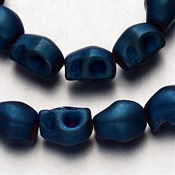 Blue Plated Electroplate Non-magnetic Synthetic Hematite Bead Strands, Frosted, Skull, Blue Plated, 10x8x8mm, Hole: 1mm, about 40pcs/strand, 15.7 inch