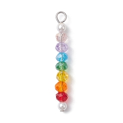Mixed Color Glass & Round Shell Pearl Beaded Pendants, with 304 Stainless Steel Loops, Mixed Color, 34x4.5mm, Hole: 2.5mm