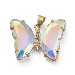 Clear AB Brass Micro Pave Clear Cubic Zirconia Pendants, with Glass, Butterfly, Golden, Clear AB, 20x26.5x5mm