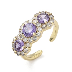 Темная Орхидея Латунные микро проложить манжеты кольца кубического циркония, круглые, долговечный, стойки покрытие, без свинца и без кадмия, реальный 18 k позолоченный, темные орхидеи, 9.5 мм