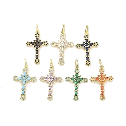 Mixed Color Real 18K Gold Plated Brass Micro Pave Cubic Zirconia Pendants, with Glass and Jump Ring, Cross, Mixed Color, 24.5x16x3mm, Hole: 3.7mm
