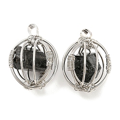 Tourmaline Natural Black Tourmaline Pendants, Ball Charms with Rack Plating Platinum Plated Brass Findings, Lead Free & Cadmium Free, 32.5~33.5x28.5~30.5x24~26.5mm, Hole: 8.5x5mm