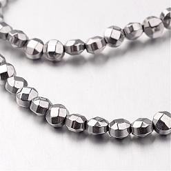 Silver Plated Electroplate Non-magnetic Synthetic Hematite Bead Strands, Faceted, Flat Round, Silver Plated, 4x4x3mm, Hole: 1mm, about 102pcs/strand, 15.7 inch