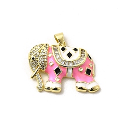 Pink Латунные микро проложить кубического циркония подвески, слон, с эмалью, без свинца и без кадмия, долговечный, стойки покрытие, реальный 18 k позолоченный, розовые, 21x28x6 мм, отверстие : 3.5x4 мм