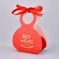 Red Handbag Shape Candy Packaging Box, Wedding Party Gift Box, with Ribbon, Boxes, Word BEST WISHES Pattern, Red, 3.5xx9.7x13.2cm, Unfold: 29.8x25.2x0.03cm, Ribbon: 40.4x1cm