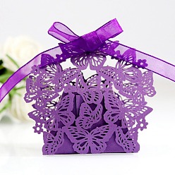Dark Orchid Creative Folding Wedding Candy Cardboard Boxes, Small Paper Gift Boxes, Hollow Butterfly with Ribbon, Dark Orchid, Fold: 6.3x4x4cm