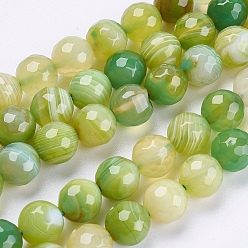 Yellow Green Natural Striped Agate/Banded Agate Beads Strands, Round, Faceted, Dyed, Yellow Green, 6mm, Hole: 1mm, about 62pcs/strand, 14.5 inch(37cm)
