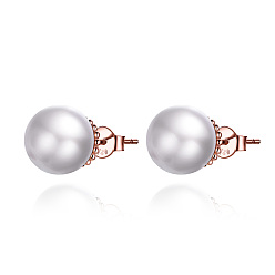 Rose Gold 925 Sterling Silver Earrings, with Shell Pearl, Rose Gold, 10x11mm