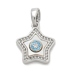 Платина Подвески из латуни с микропаве из циркония, с подвесками из ракушек, платина, 15x13x2.5 мм, отверстие : 5 мм