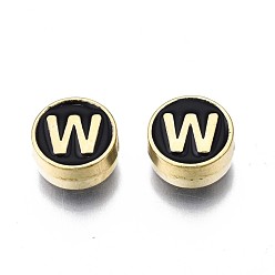 Letter W Alloy Enamel Beads, Cadmium Free & Lead Free, Light Gold, Flat Round with Alphabet, Black, Letter.W, 8x4mm, Hole: 1.5mm