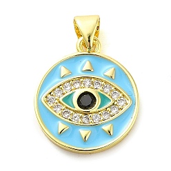 Light Sky Blue Real 18K Gold Plated Brass Clear Cubic Zirconia Pendants, with Enamel and Glass, Flat Round with Evil Eye, Light Sky Blue, 19x16x2.5mm, Hole: 5x3.5mm
