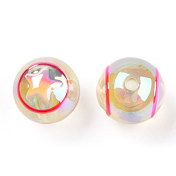 Light Khaki UV Plating Rainbow Iridescent Acrylic Beads, Round with Star, Light Khaki, 16mm, Hole: 2.5mm