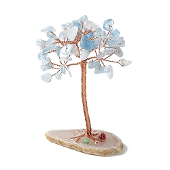 Aquamarine Natural Aquamarine Chips and Natural Agate with Mixed Stone Pedestal Display Decorations, with Rose Gold Plated Brass Wires, Lucky Tree, 31~42x60~68x100~104mm