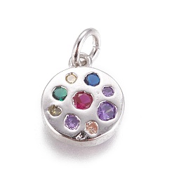 Platinum Brass Micro Pave Cubic Zirconia Charms, Flat Round, Colorful, Platinum, 9.5x3mm, Hole: 3mm