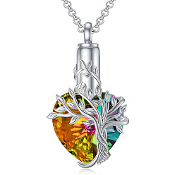 Orange Heart with Tree of Life Glass Urn Pendant Necklaces, Stainless Steel Chain Necklaces, Orange, 21.65 inch(55cm)