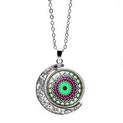 Linen Glass Moon with Mandala Flower Pendant Necklace, Stainless Steel Jewelry for Women, Linen, 17.72 inch(45cm)
