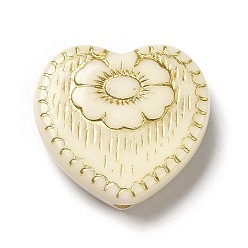 Old Lace Plating Acrylic Beads, Golden Metal Enlaced, Heart with Flower Pattern, Old Lace, 17x18x6mm, Hole: 1.6mm, about 388pcs/500g