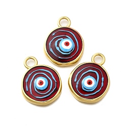 Темно-Красный Латунь эмаль подвески, без свинца и без кадмия, реальный 18 k позолоченный, плоский круглый с оберегом от сглаза, темно-красный, 28x22x4.5 мм, отверстие : 4.5 мм