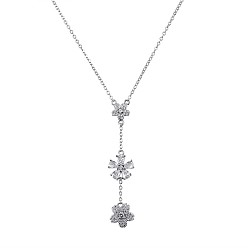 Platinum Clear Cubic Zirconia Flower Lariat Necklace, 925 Sterling Silver Y Necklace for Women, Platinum, 15.75 inch(40cm)