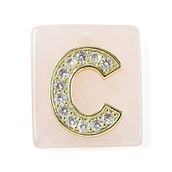 Letter C Природного розового кварца подвески, прямоугольные подвески с латунной микропаве прозрачной кубической циркониевой буквой, реальный 18 k позолоченный, долговечный, стойки покрытие, буква С, 21x18x5 мм, отверстие : 1.4 мм