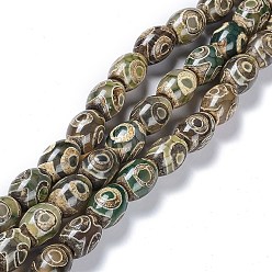 3-Eye Tibetan Style dZi Beads Strands, Natural Agate Beads, Dyed & Heated, Oval, 3-Eye, 13~14x9.5~10mm, Hole: 1.2mm, about 25pcs/strand, 13.39''(34cm)