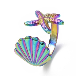 Rainbow Color Ion Plating(IP) 304 Stainless Steel Shell with Starfish Open Cuff Ring for Women, Rainbow Color, Inner Diameter: 18mm