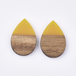 Gold Resin & Walnut Wood Pendants, Teardrop, Gold, 28x19x3.5mm, Hole: 2mm
