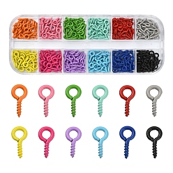 Mixed Color Spray Painted Iron Screw Eye Pin Peg Bails, For Half Drilled Beads, Cadmium Free & Nickel Free & Lead Free, Mixed Color, 10x5x1mm, Hole: 2.5mm, Pin: 1.5mm, 36Pcs/color, 12 Colors, 432Pcs/box
