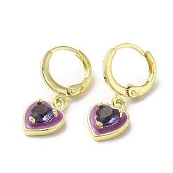 Purple Heart Real 18K Gold Plated Brass Dangle Leverback Earrings, with Enamel and Glass, Purple, 23.5x9mm