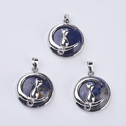 Sodalite Natural Sodalite Kitten Pendants, with Brass Findings, Flat Round with Cat & Crescent Moon Shape, Platinum, 32x27.5x10mm, Hole: 5x7mm