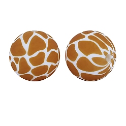 Chocolate Round with Giraffe Print Pattern Food Grade Silicone Beads, Silicone Teething Beads, Chocolate, 15mm