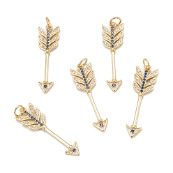 Real 18K Gold Plated Brass Micro Pave Royal Blue Cubic Zirconia Pendants, Long-Lasting Plated, Arrow, Real 18K Gold Plated, 32x9x2mm, Hole: 4mm, Ring: 5x1mm
